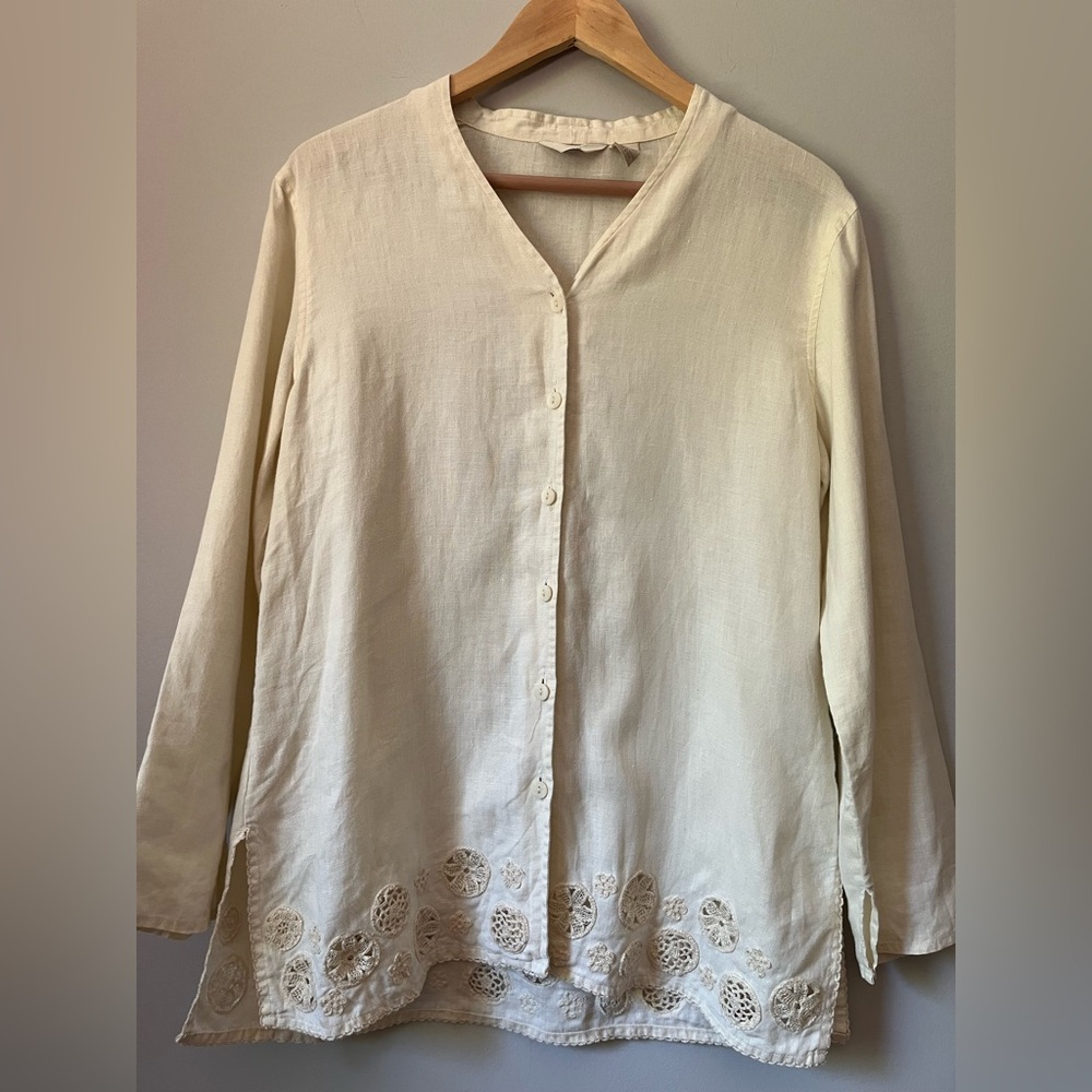 J. Jill Cream Button Down Linen Embroidered Top